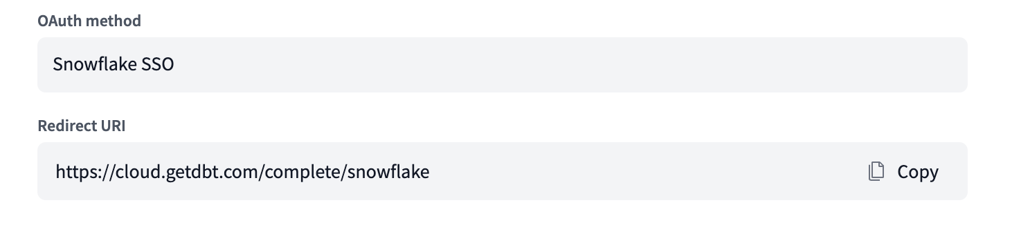 Locate the Snowflake OAuth redirect URI The OAuth method and Redirect URI inputs for a Snowflake connection in dbt.