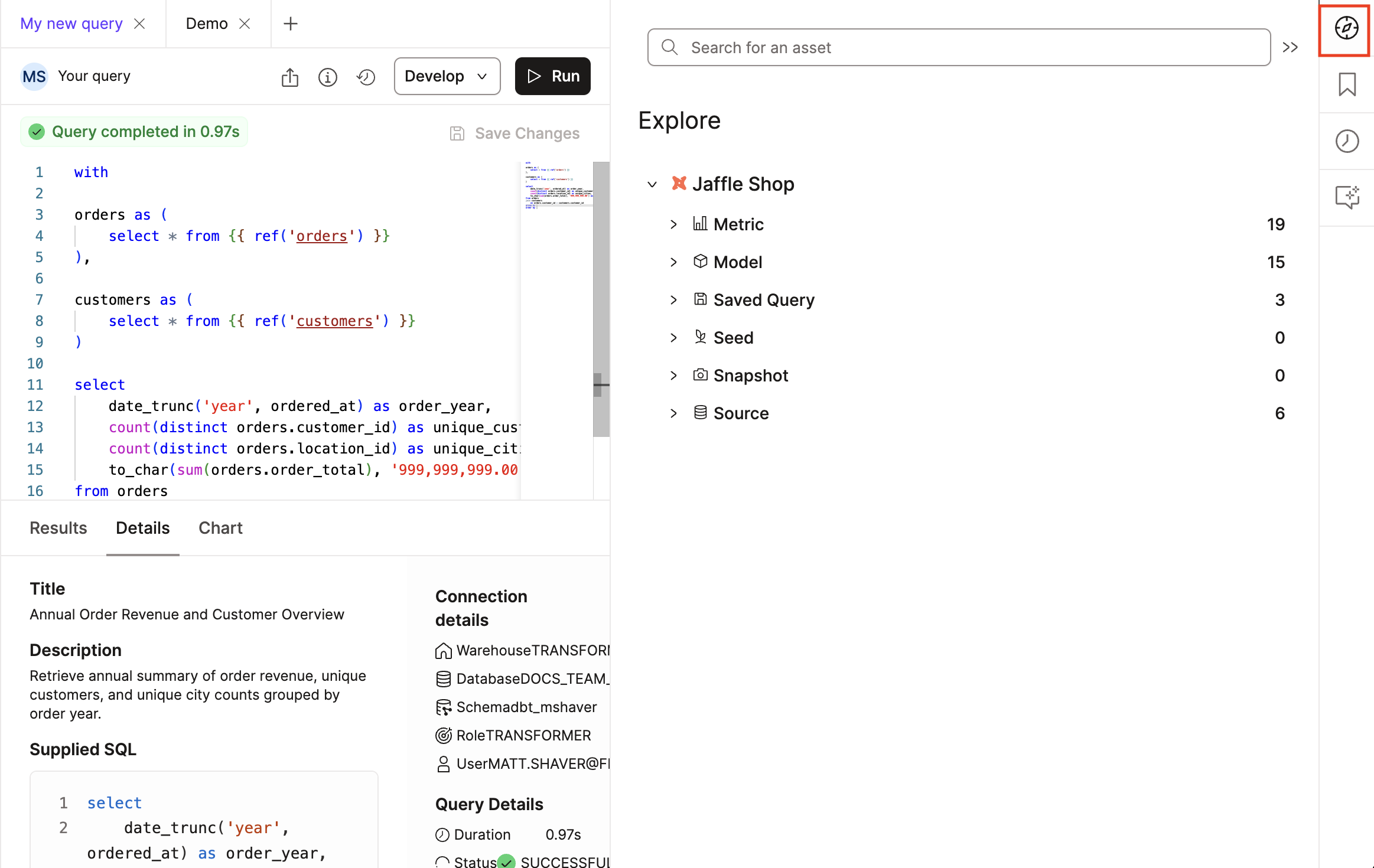 dbt Insights integrated with dbt Explorer